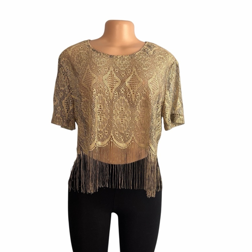 Vintage 90s Gold and Black Sharade Sheer Lace Fringe Boho Crop Top
